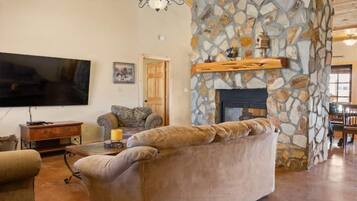 Smart TV, fireplace, DVD player, foosball