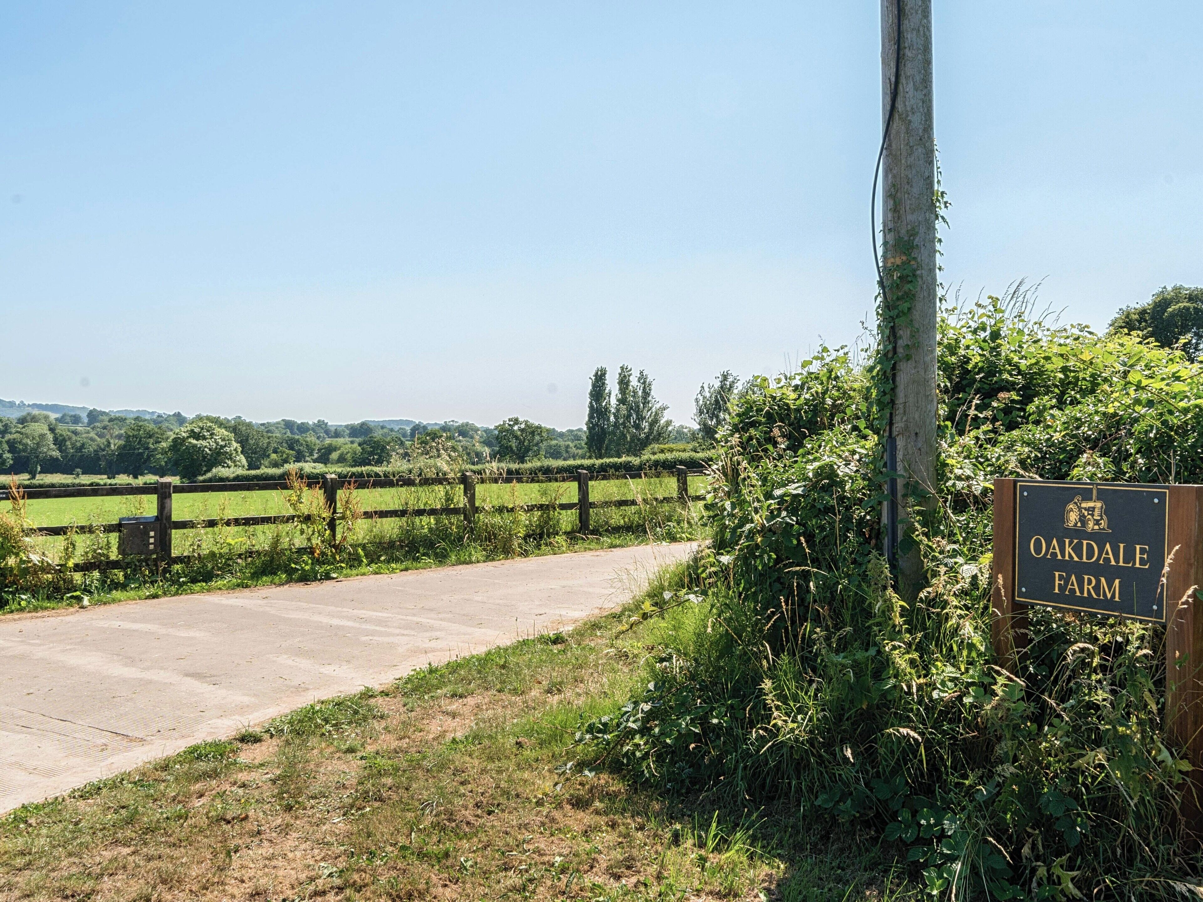 Une route de campagne menant à la ferme d’Oakdale, bordée d’une clôture en bois et de verdure.