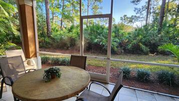A round wooden table with chairs, a potted plant, and a view of a forested area through large windows.