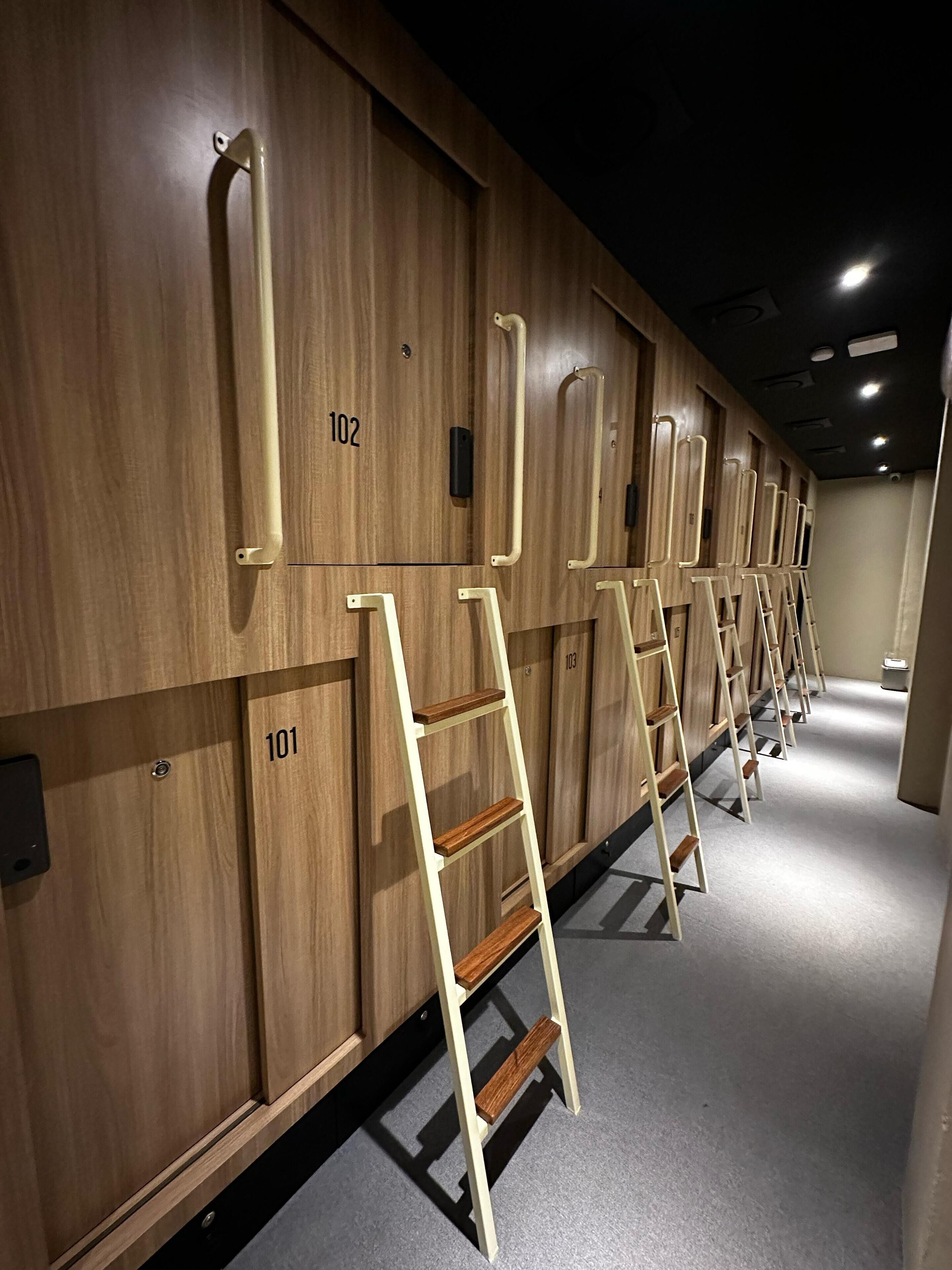 A row of wooden lockers with numbers 101 and 102, equipped with metal handles and ladders for access.