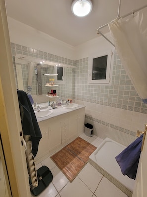 Douche, séchoir à cheveux, serviettes fournies, papier de toilette