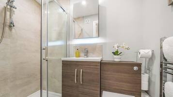 Ducha, secador de pelo, toallas, shampoo