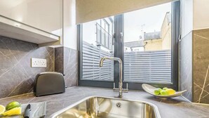 Eine moderne Küche mit Spüle aus Edelstahl, einem Toaster und einem Fenster mit Blick auf eine Wohngegend.