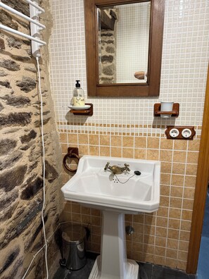 Een douche, een haardroger, een bidet, handdoeken