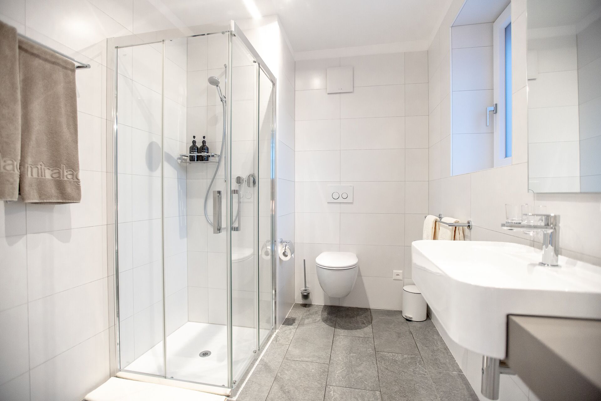 A modern bathroom with a glass-enclosed shower, a toilet, and a sink with a mirror.