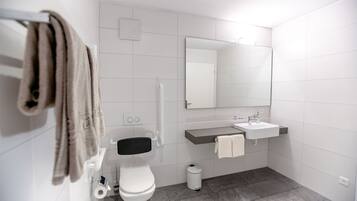 A modern bathroom with a toilet, sink, and mirror.