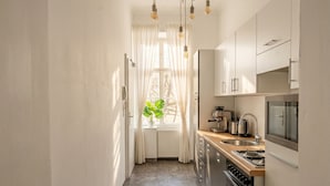 A narrow kitchen with a window, a potted plant, and modern appliances. - Big 3BR shared Apt. Perfect location (Vienna)
