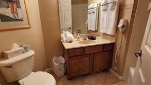 A bathroom with a toilet, sink, mirror, and a hairdryer.