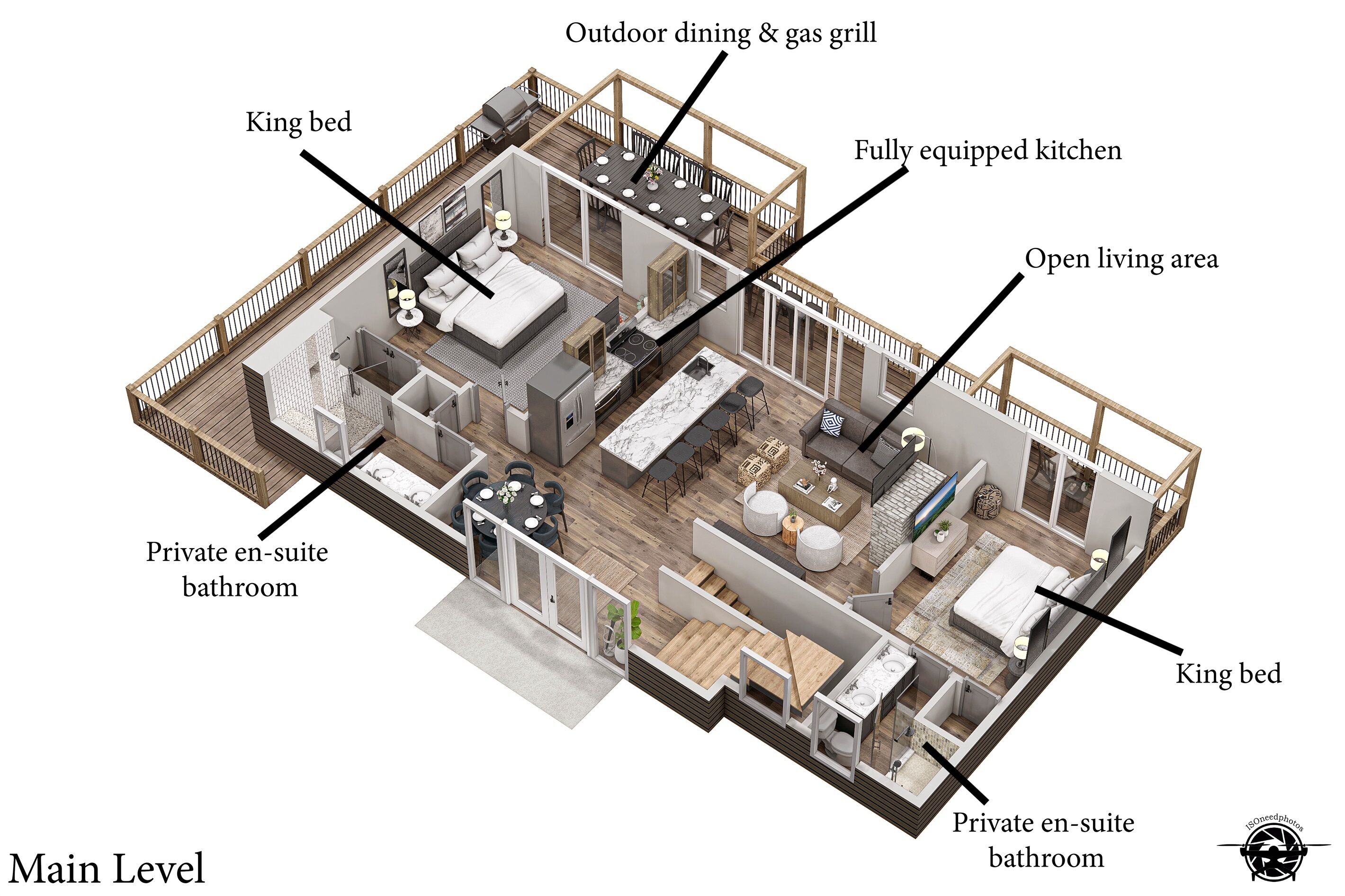 A 3D floor plan of a main level apartment with a king bed, private en-suite bathroom, outdoor dining & gas grill, fully equipped kitchen, and open living area.
