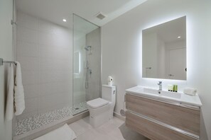 Shower, hair dryer, towels