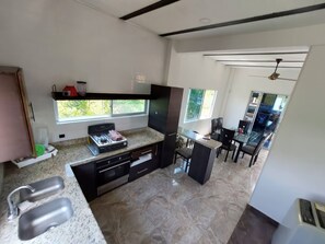 Fridge, oven, stovetop, cookware/dishes/utensils