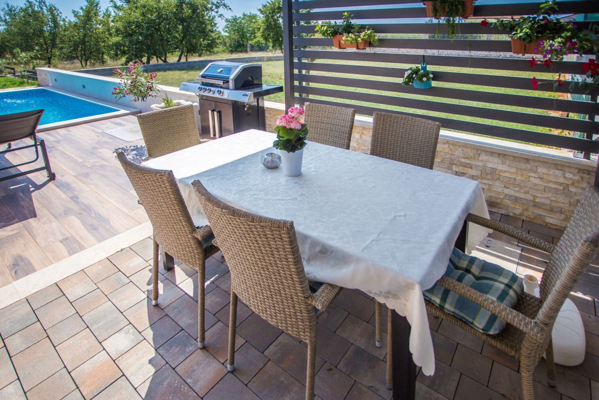 An outdoor patio with a table and chairs, a grill, and a pool.