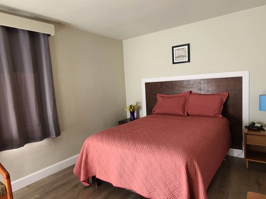 A bedroom with a bed, a nightstand, a chair, a window with curtains, and a framed picture on the wall.