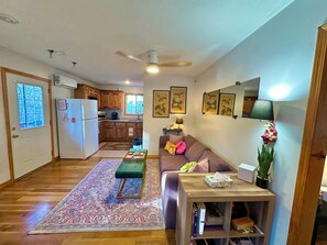 Smart-tv, eldstad och böcker