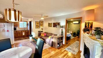 Smart TV, fireplace, books