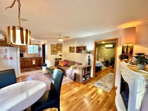 Smart TV, chimenea, libros