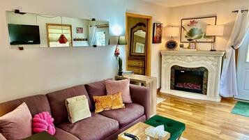 Smart TV, fireplace, books