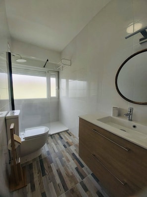 Hair dryer, towels, soap, shampoo