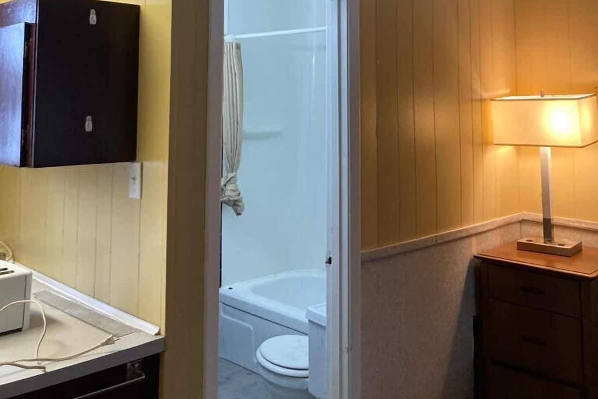 Combined shower/tub, hair dryer, towels, toilet paper