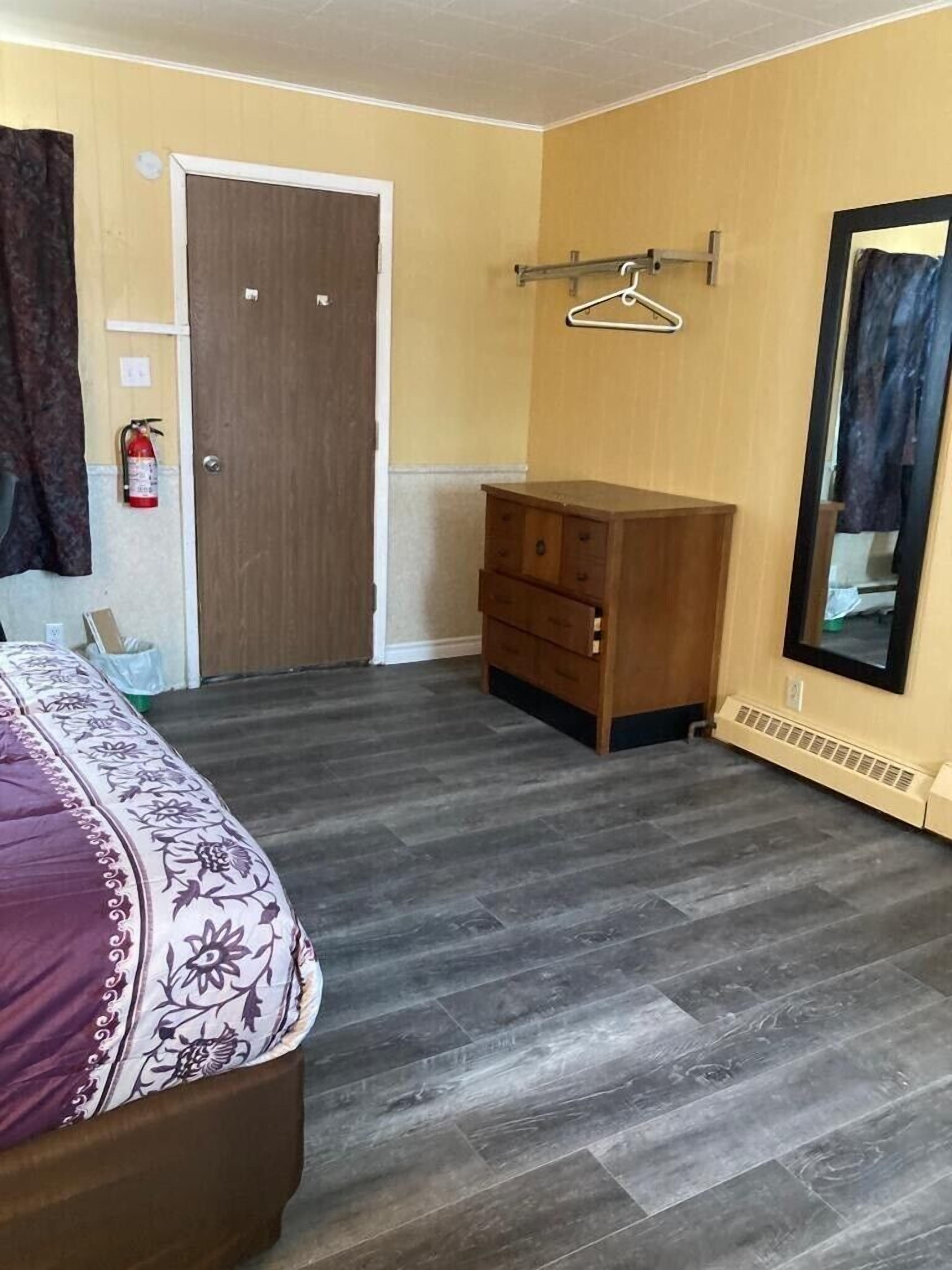 A bedroom with a bed, a dresser, a mirror, and a door.