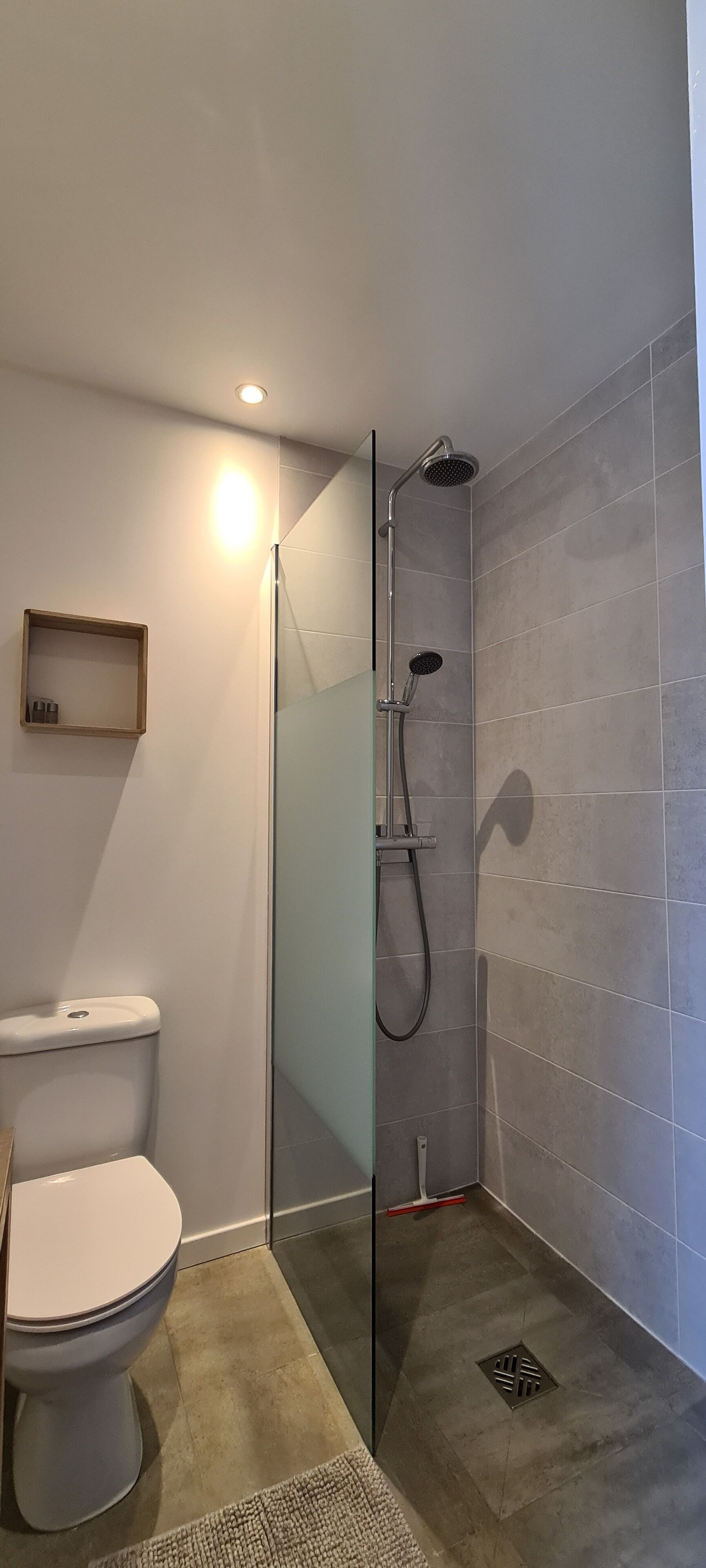 Et moderne badeværelse med bruseniche, toilet og en lille hylde.