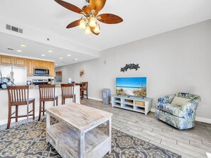 Condo, 1 King Bed with Sofa bed (Splash 1505E) | Living area | TV - Splash 1505e (Panama City Beach)