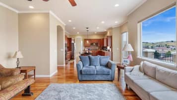 Télévision, cheminée, lecteur de DVD, livres