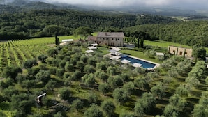 Luftaufnahme einer Villa, umgeben von Olivenhainen, mit Schwimmbad und großem Garten.