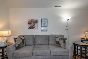 Smart TV, fireplace, books, music library