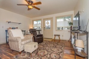 Smart TV, fireplace, books, music library