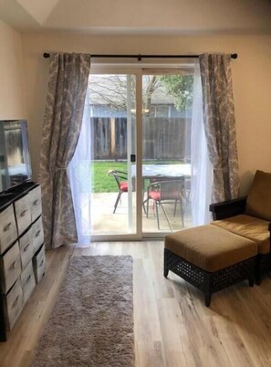 Smart TV, fireplace, books, music library