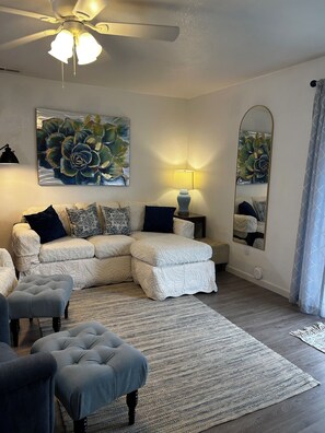 Smart TV, chimenea, libros y biblioteca musical 