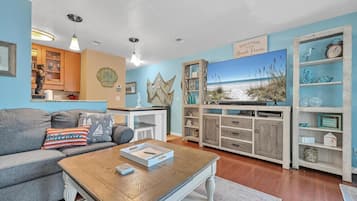 Condo, 1 King Bed with Sofa bed (Nautical Watch D-6) | Living area | TV