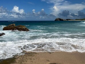 On the beach, sun-loungers, beach towels