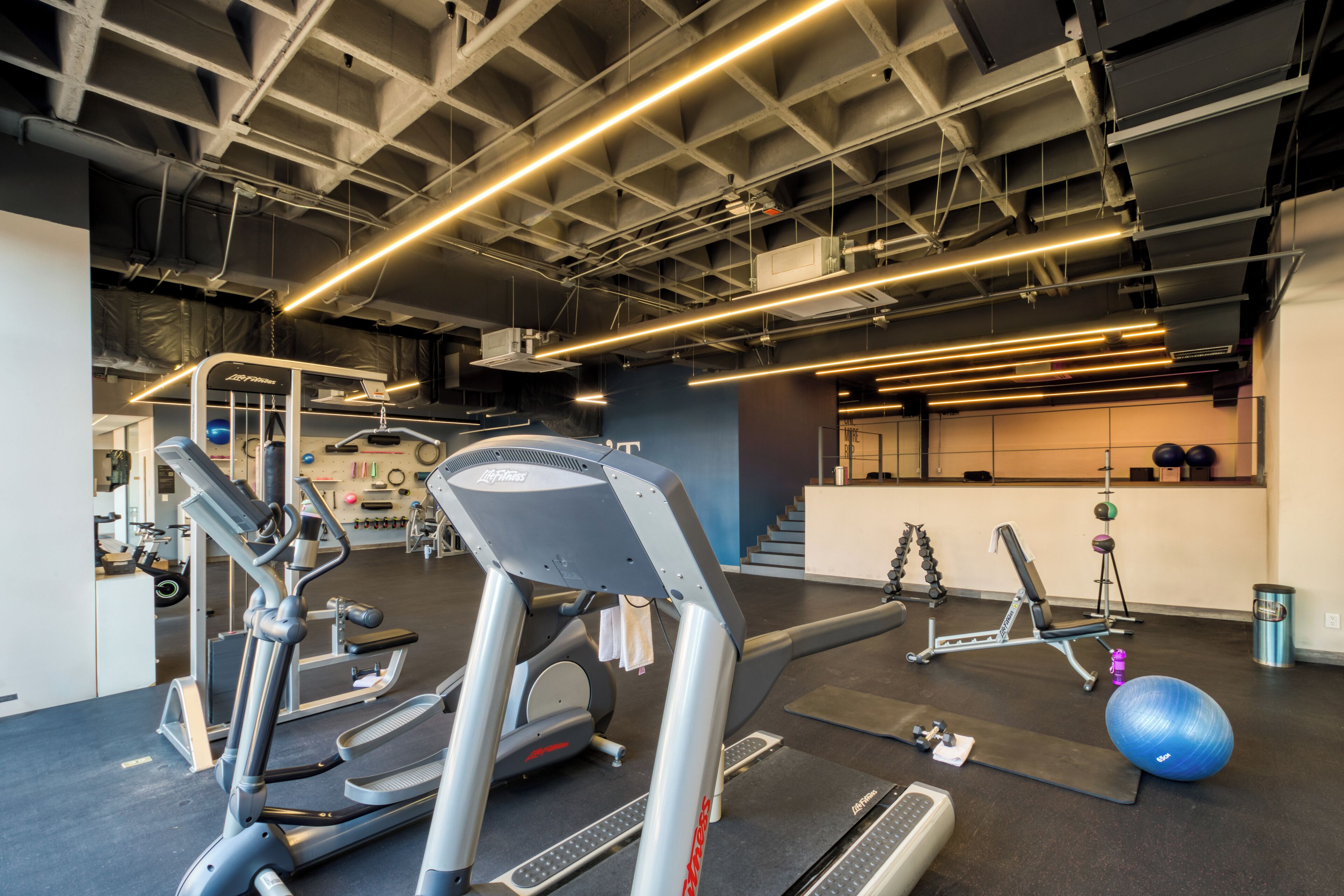 A gym with treadmills, elliptical machines, and exercise balls.