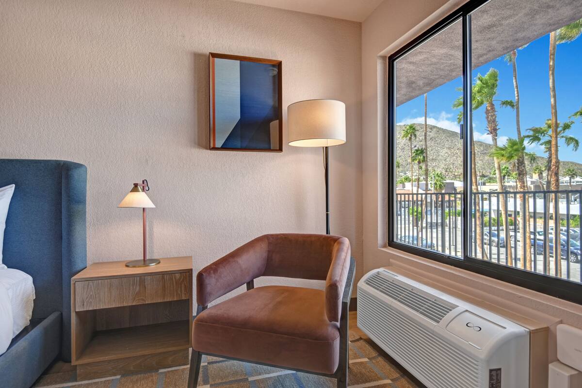 A hotel room with a bed, a chair, a nightstand with a lamp, a heater, and a large window with a view of palm trees and mountains.