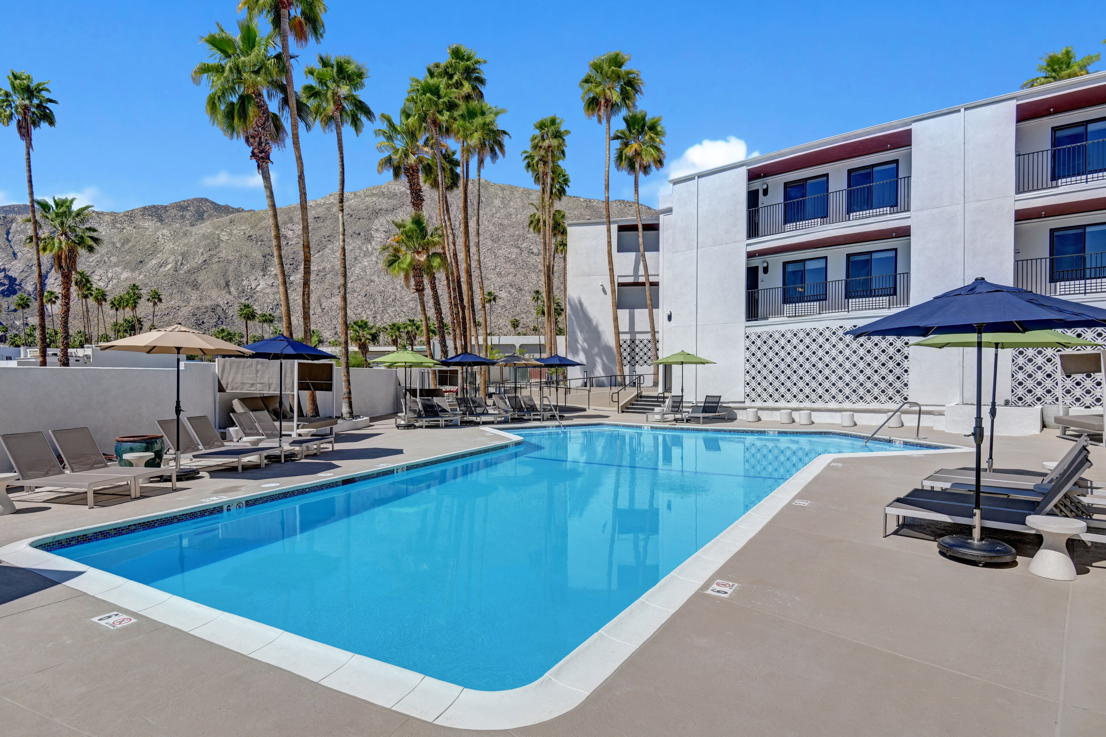 A swimming pool with lounge chairs and umbrellas, surrounded by palm trees and a building with balconies.