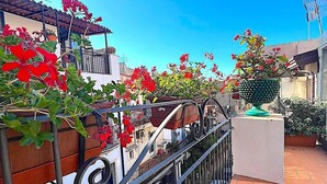 Una terraza en la azotea con baranda metálica, plantas en macetas y un cielo azul despejado.