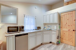 Fridge, microwave, coffee/tea maker, toaster