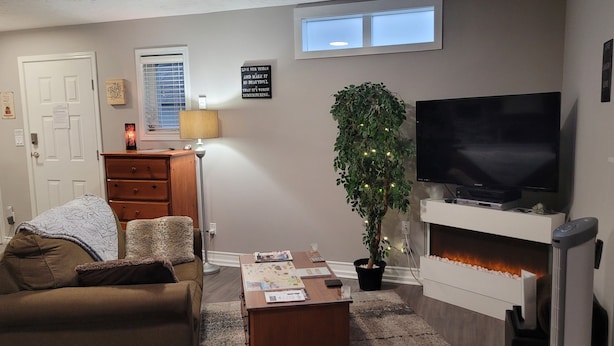 A living room with a sofa, a coffee table, a TV, a fireplace, and a potted plant. - Charming Cozy Suite In Langford. (Victoria)