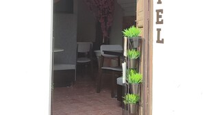 Ingresso di un hotel con tappeto rosso, zona salotto interna e una pianta in vaso.