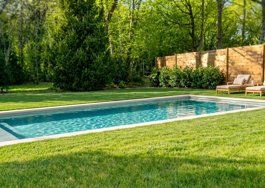 Une piscine rectangulaire entourée d’une terrasse en bois, située au milieu d’une pelouse bien entretenue, avec des arbres et des arbustes en arrière-plan.