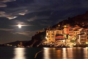 A coastal town at night with illuminated buildings, a calm sea, and a visible moon.
