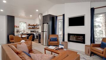 Smart TV, fireplace, books