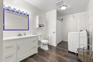 Hair dryer, towels, soap, shampoo
