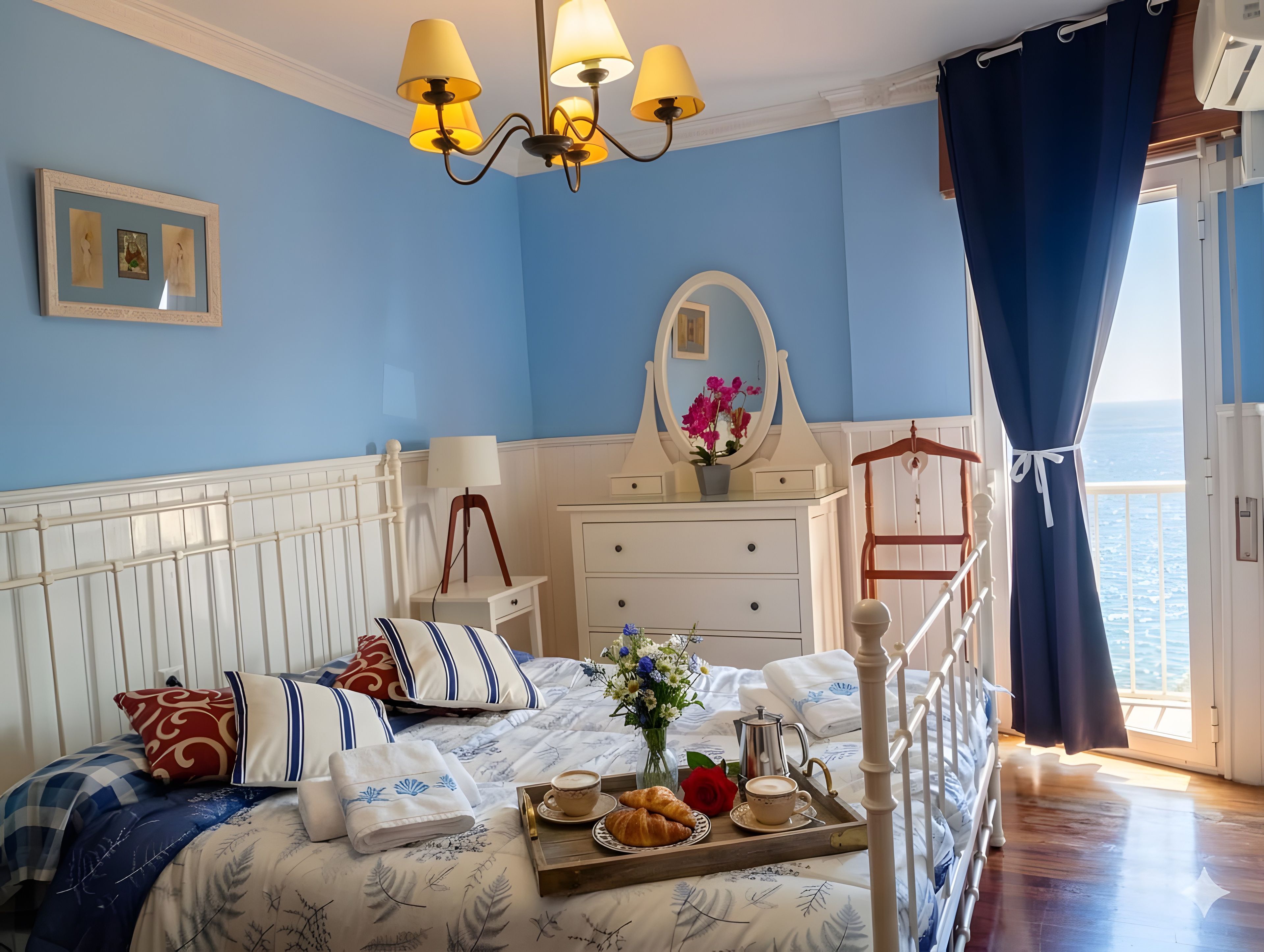 Una camera da letto con un letto, comodino, comò e vista mare.
