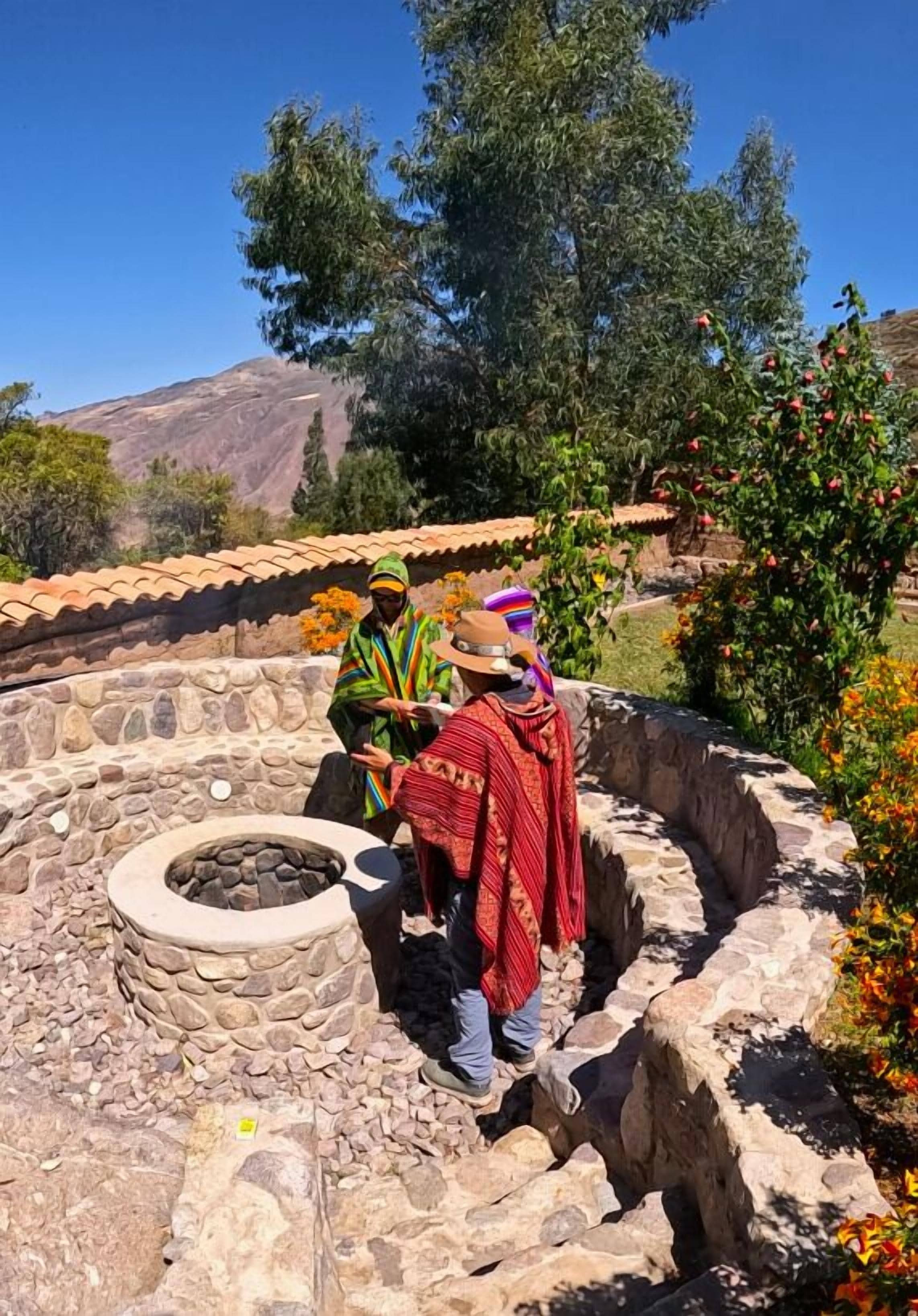A stone-walled structure with a fire pit, surrounded by greenery and a mountain in the background.