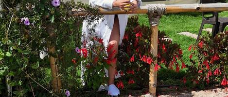 A person sitting on a bench in front of a geodesic dome structure with a stone wall and flowering plants in the foreground.