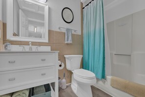 Hair dryer, towels, soap, shampoo