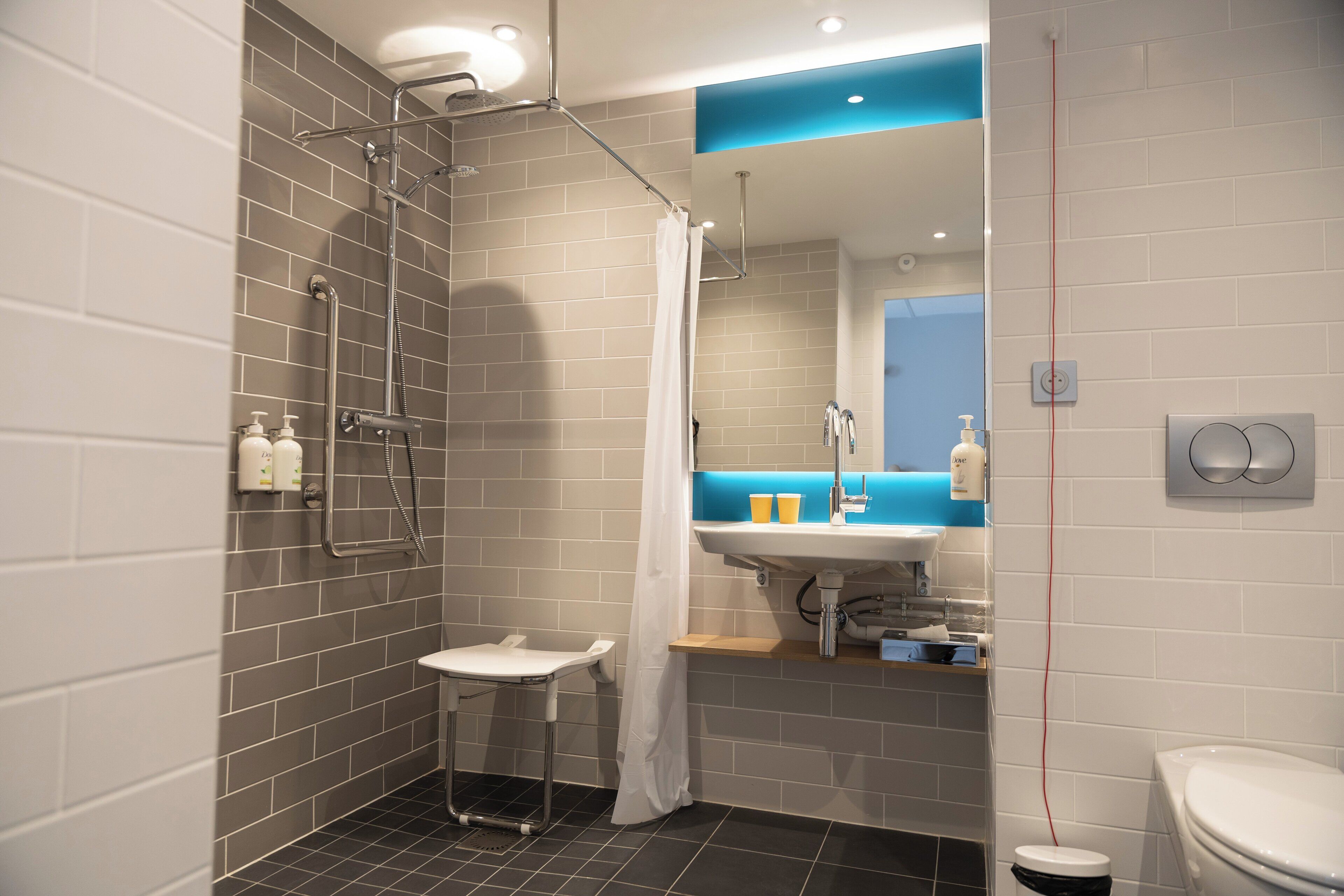 Standaard kamer, 1 queensize bed, toegankelijk voor mindervaliden | Badkamer | Een douche, gratis toiletartikelen, een haardroger, handdoeken